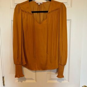 Mustard Gold Pleated Blouse with Relaxed Long Sleeves, V Neck with ties